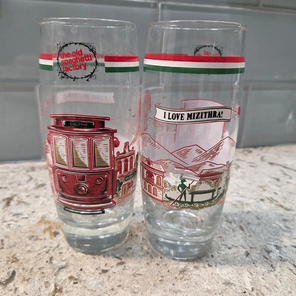 Vintage The Old Spaghetti Factory I Love Mizithra Trolley Drinking Glasses Set 2
